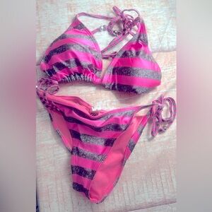 Cute Pink and Gray Striped Bikini Set! 🌸
